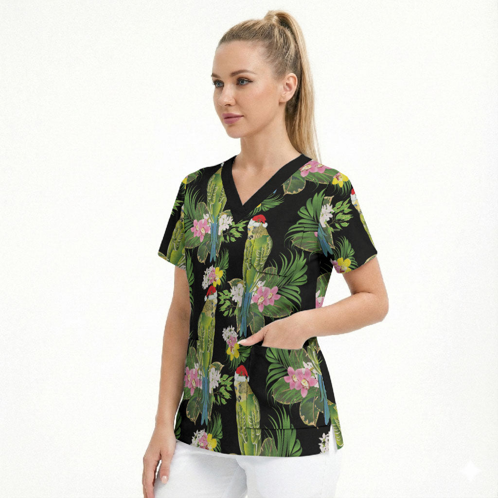 Aussie Santa Budgie Christmas Scrub Top Black Parakeet Tropical Floral