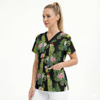 Aussie Santa Budgie Christmas Scrub Top Black Parakeet Tropical Floral
