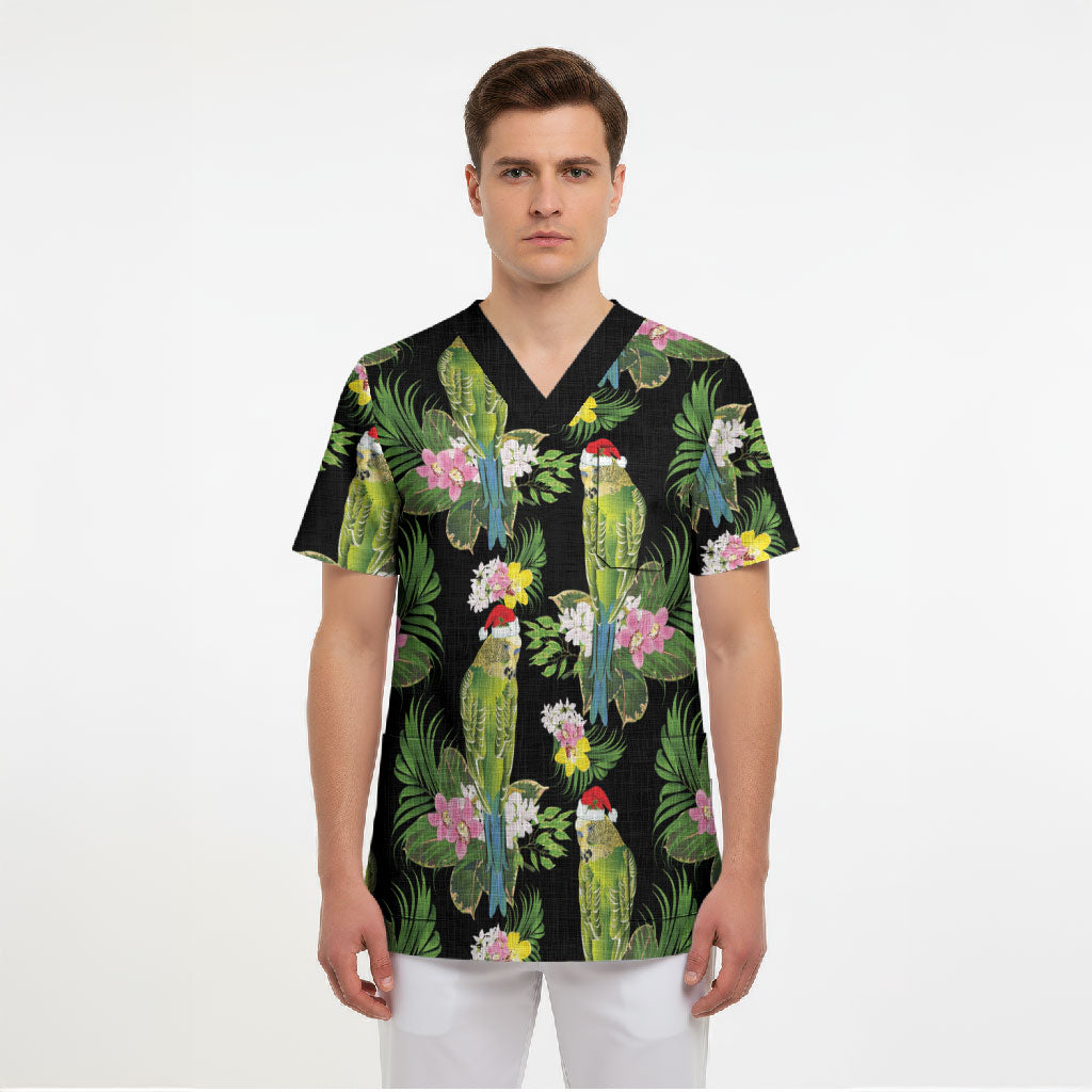 Aussie Santa Budgie Christmas Scrub Top Black Parakeet Tropical Floral