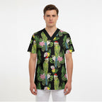Aussie Santa Budgie Christmas Scrub Top Black Parakeet Tropical Floral