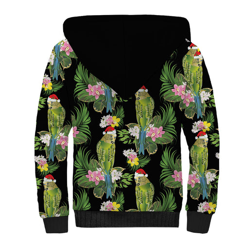 Aussie Santa Budgie Christmas Sherpa Hoodie Black Parakeet Tropical Floral
