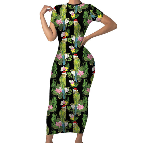 Aussie Santa Budgie Christmas Short Sleeve Bodycon Dress Black Parakeet Tropical Floral