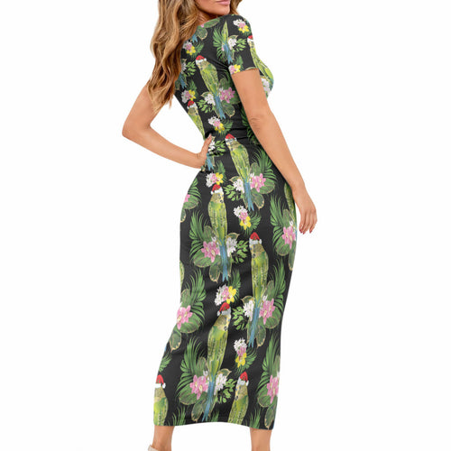 Aussie Santa Budgie Christmas Short Sleeve Bodycon Dress Black Parakeet Tropical Floral LT9