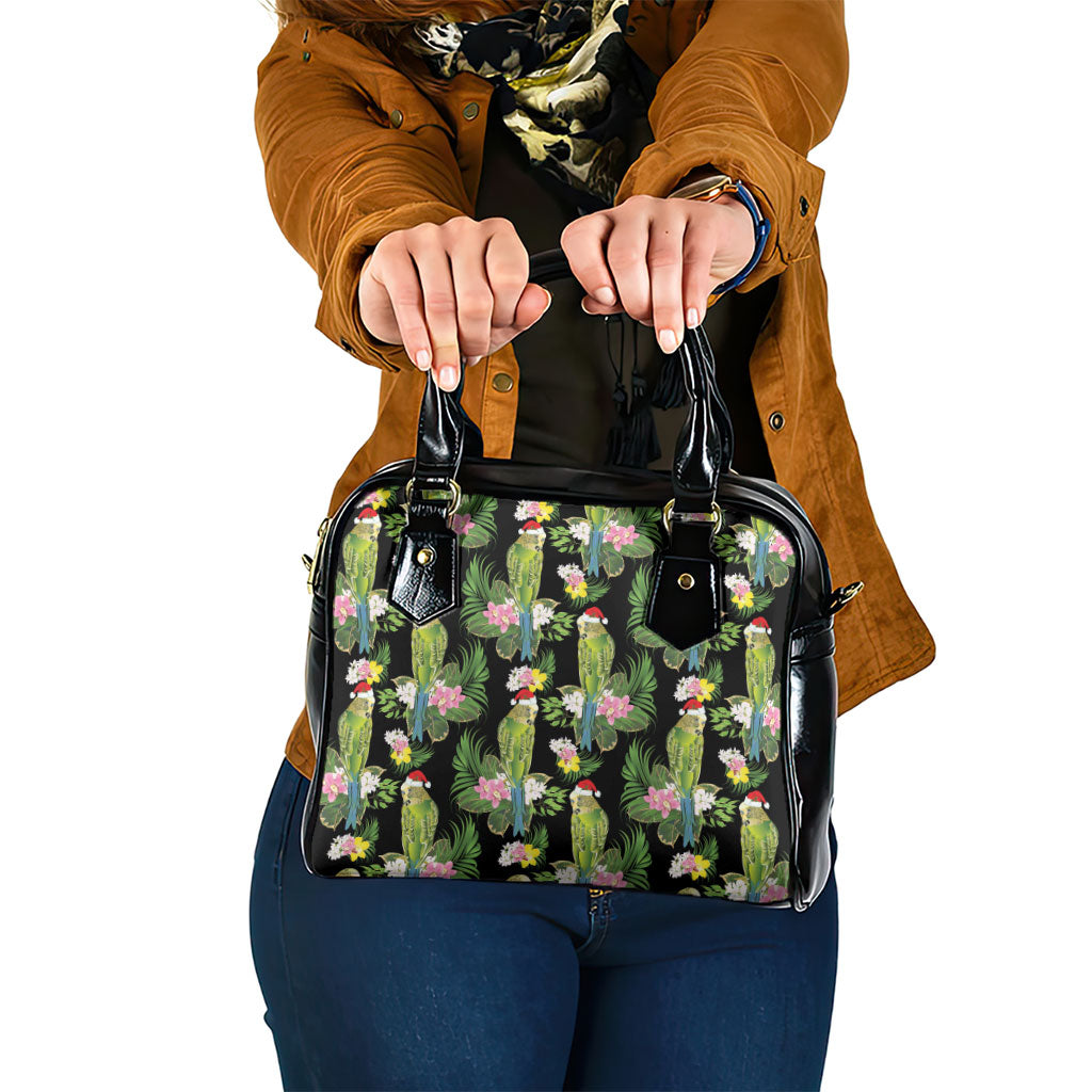 Aussie Santa Budgie Christmas Shoulder Handbag Black Parakeet Tropical Floral