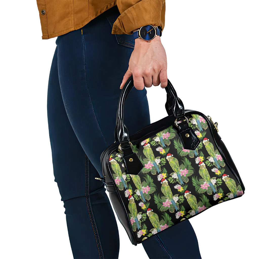 Aussie Santa Budgie Christmas Shoulder Handbag Black Parakeet Tropical Floral
