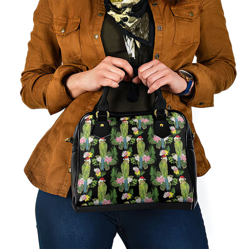Aussie Santa Budgie Christmas Shoulder Handbag Black Parakeet Tropical Floral
