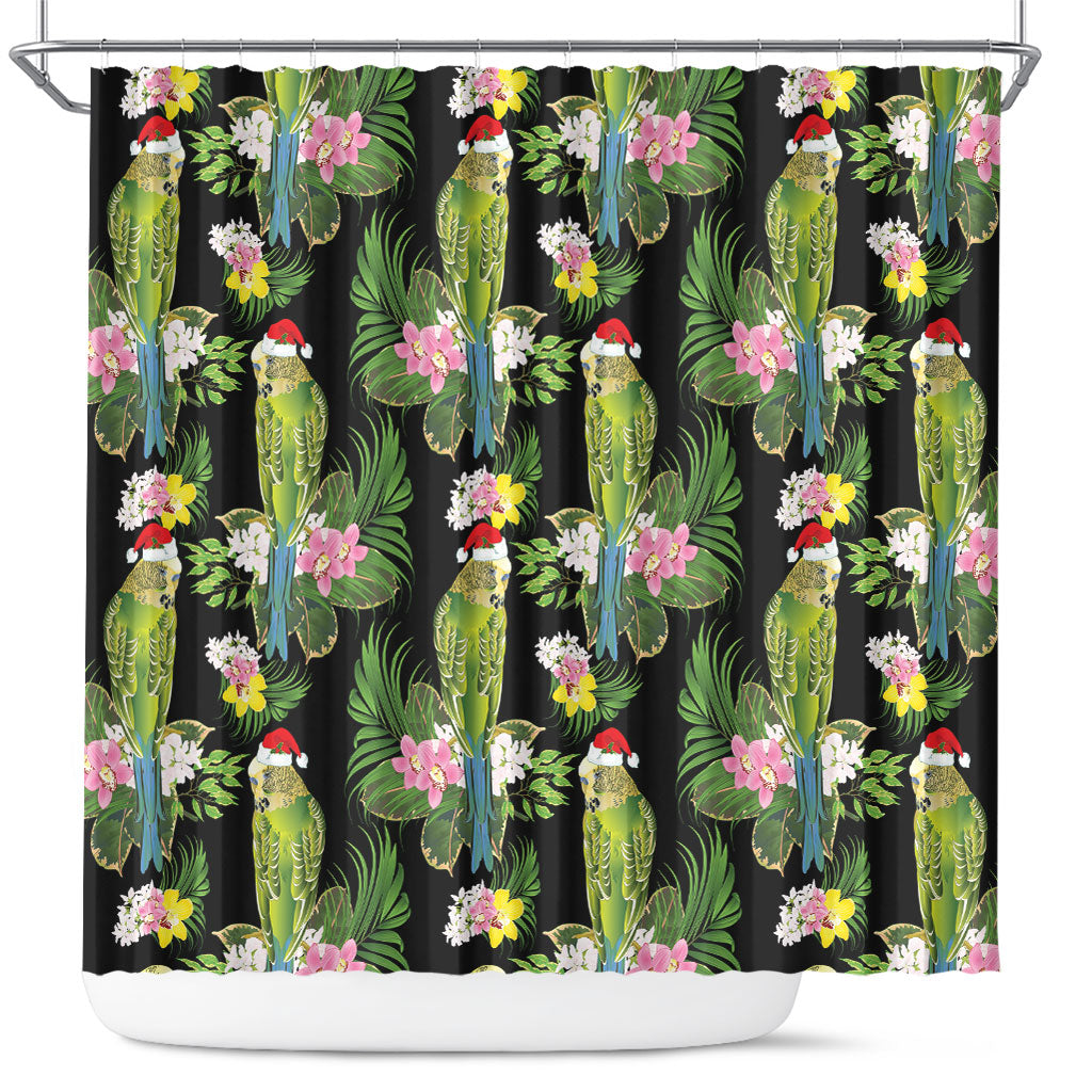 Aussie Santa Budgie Christmas Shower Curtain Black Parakeet Tropical Floral