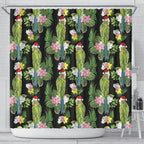 Aussie Santa Budgie Christmas Shower Curtain Black Parakeet Tropical Floral