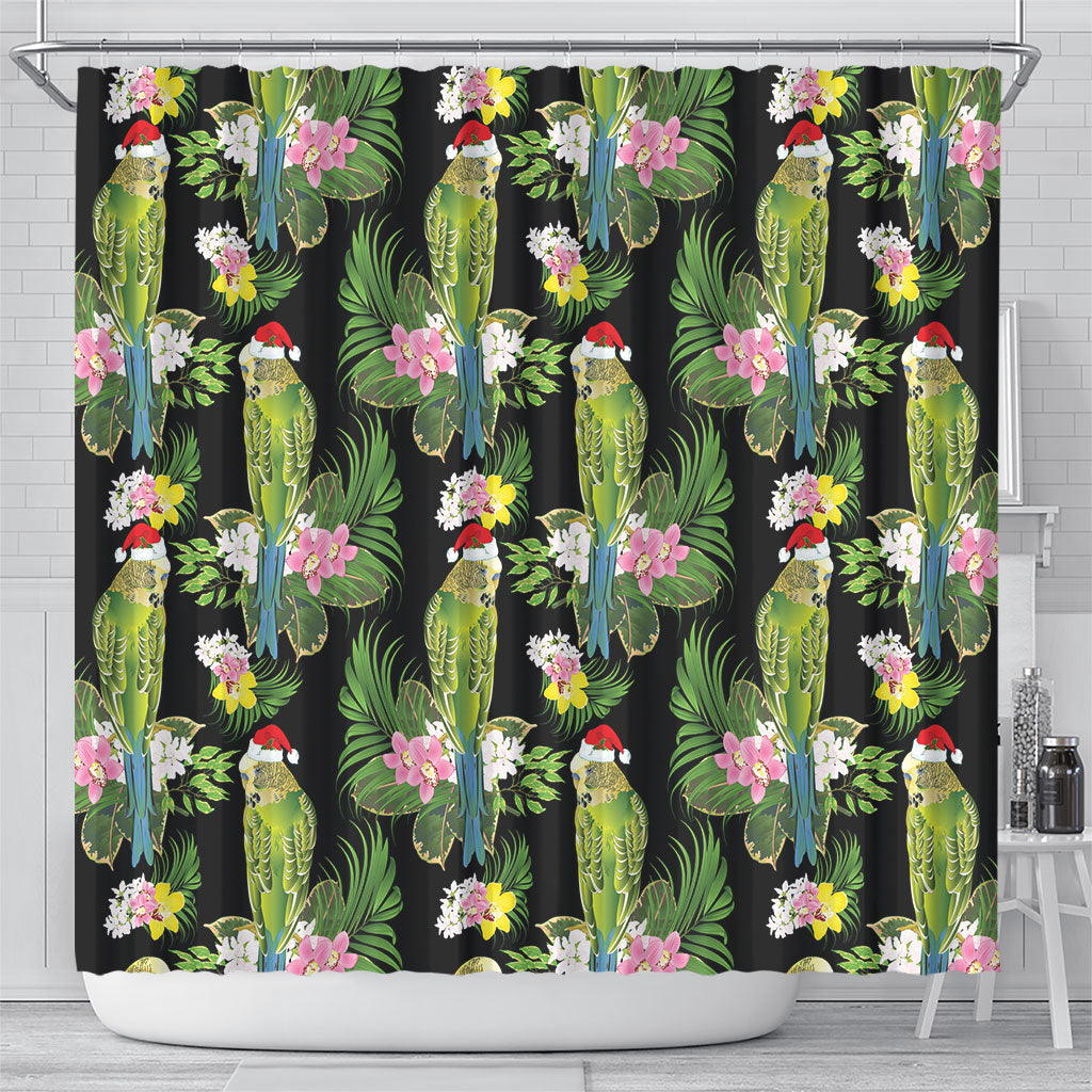 Aussie Santa Budgie Christmas Shower Curtain Black Parakeet Tropical Floral