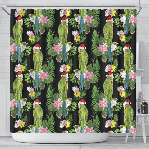 Aussie Santa Budgie Christmas Shower Curtain Black Parakeet Tropical Floral