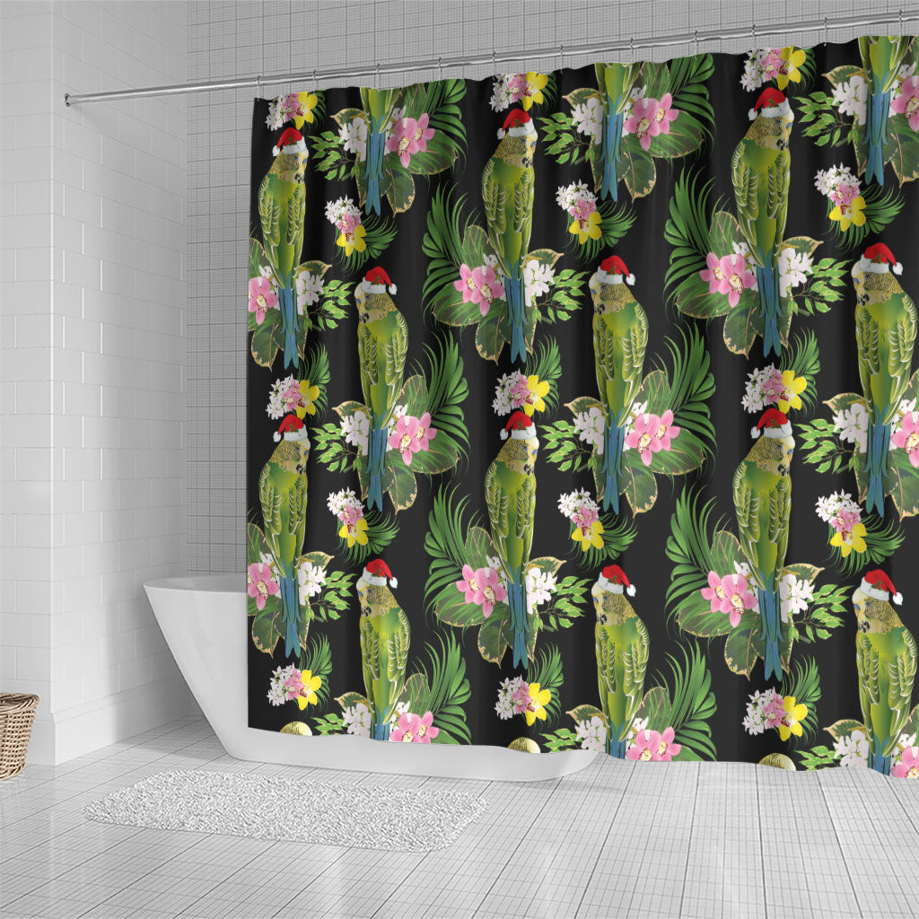 Aussie Santa Budgie Christmas Shower Curtain Black Parakeet Tropical Floral
