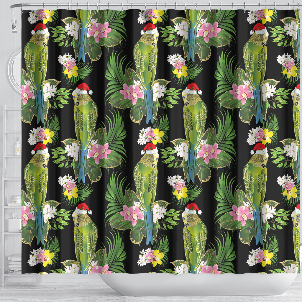 Aussie Santa Budgie Christmas Shower Curtain Black Parakeet Tropical Floral