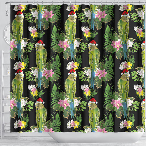 Aussie Santa Budgie Christmas Shower Curtain Black Parakeet Tropical Floral