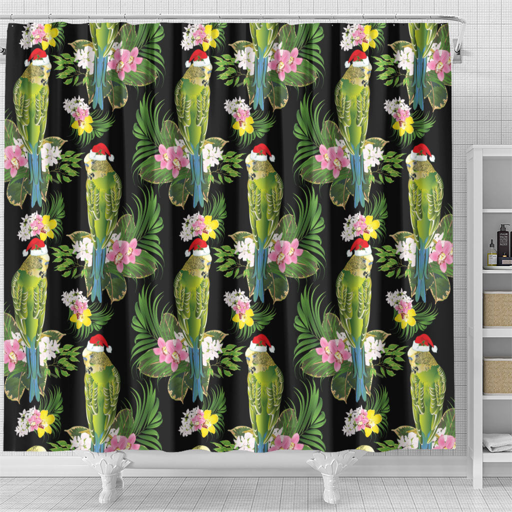 Aussie Santa Budgie Christmas Shower Curtain Black Parakeet Tropical Floral