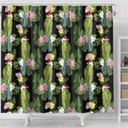 Aussie Santa Budgie Christmas Shower Curtain Black Parakeet Tropical Floral