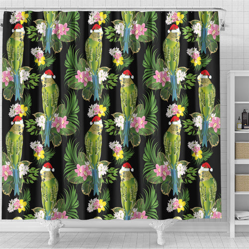 Aussie Santa Budgie Christmas Shower Curtain Black Parakeet Tropical Floral