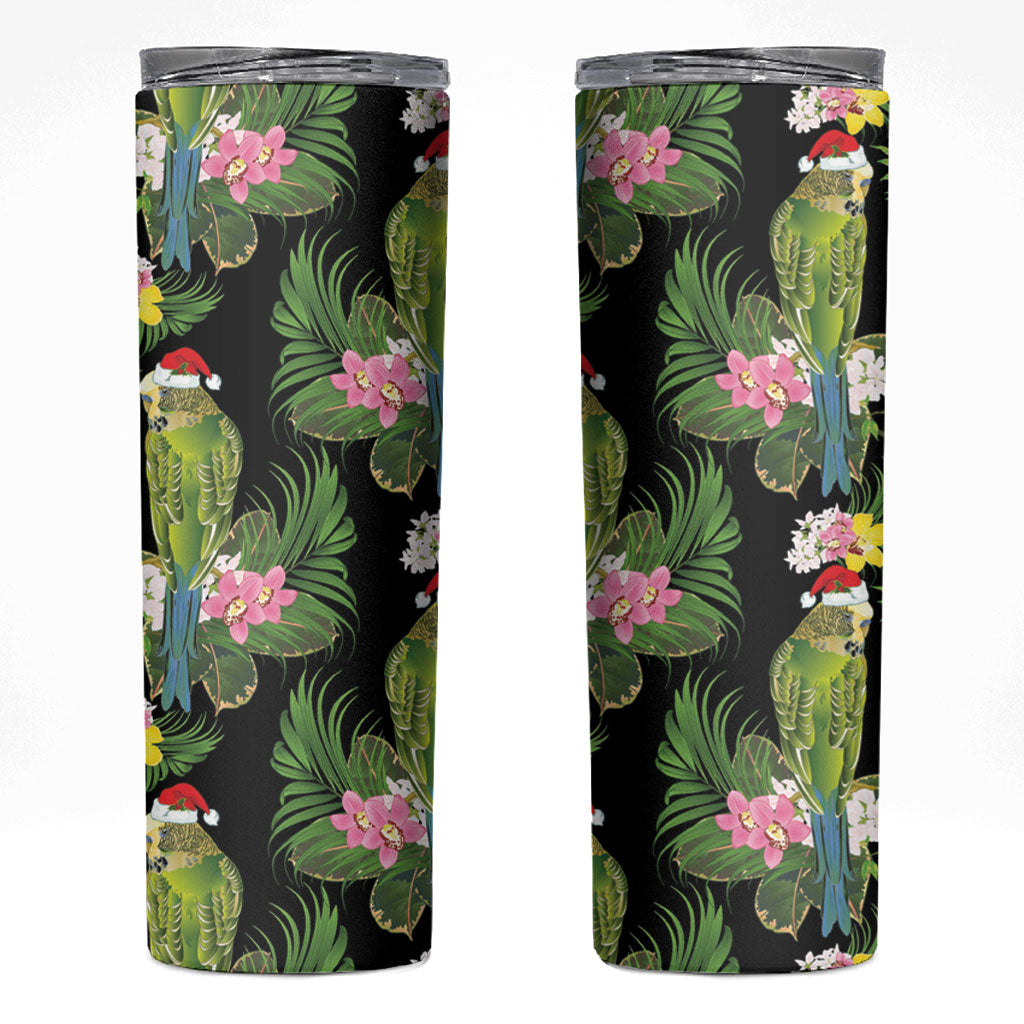 Aussie Santa Budgie Christmas Skinny Tumbler Black Parakeet Tropical Floral