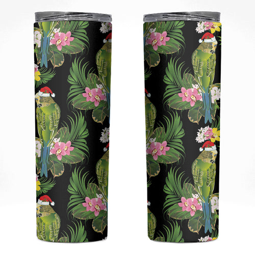 Aussie Santa Budgie Christmas Skinny Tumbler Black Parakeet Tropical Floral