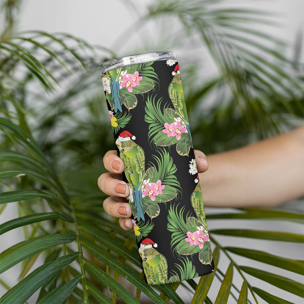 Aussie Santa Budgie Christmas Skinny Tumbler Black Parakeet Tropical Floral