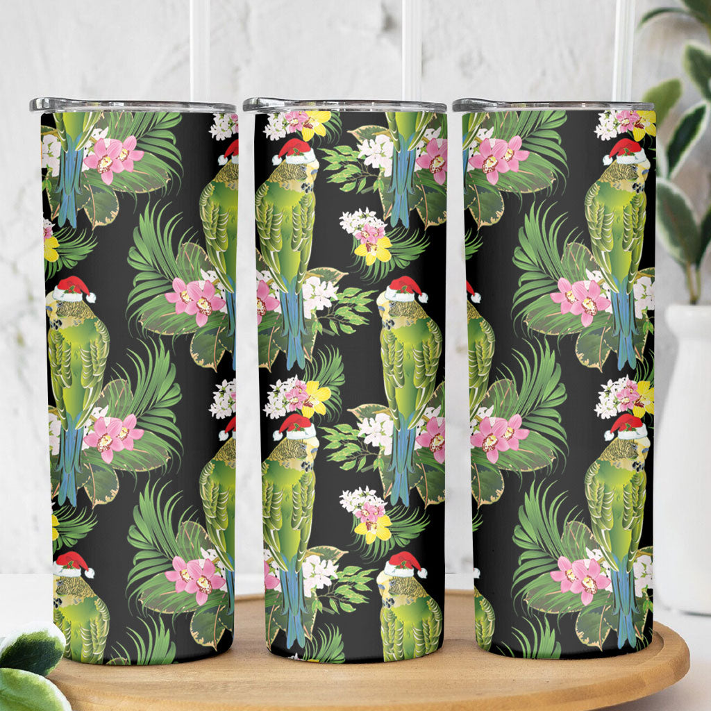 Aussie Santa Budgie Christmas Skinny Tumbler Black Parakeet Tropical Floral