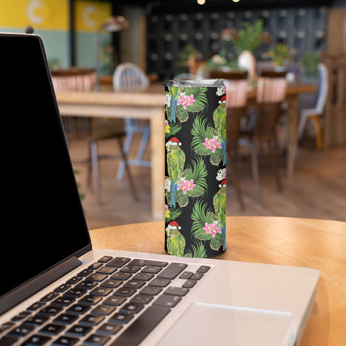 Aussie Santa Budgie Christmas Skinny Tumbler Black Parakeet Tropical Floral