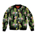 Aussie Santa Budgie Christmas Sleeve Zip Bomber Jacket Black Parakeet Tropical Floral