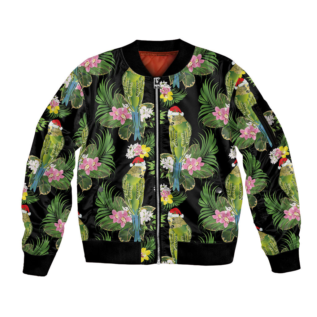 Aussie Santa Budgie Christmas Sleeve Zip Bomber Jacket Black Parakeet Tropical Floral