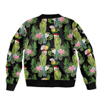 Aussie Santa Budgie Christmas Sleeve Zip Bomber Jacket Black Parakeet Tropical Floral