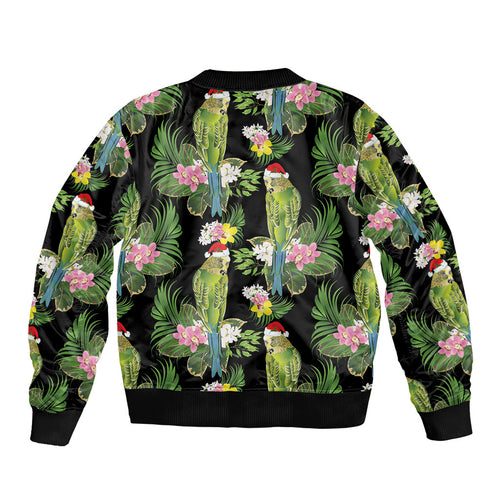Aussie Santa Budgie Christmas Sleeve Zip Bomber Jacket Black Parakeet Tropical Floral