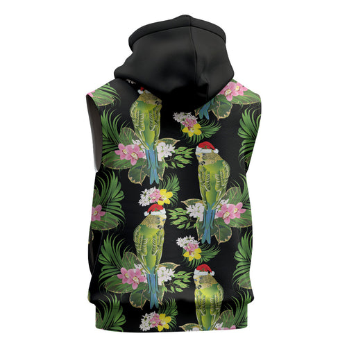 Aussie Santa Budgie Christmas Sleeveless Hoodie Black Parakeet Tropical Floral