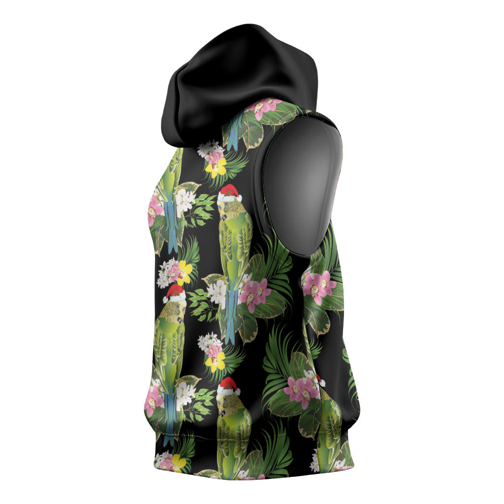 Aussie Santa Budgie Christmas Sleeveless Hoodie Black Parakeet Tropical Floral