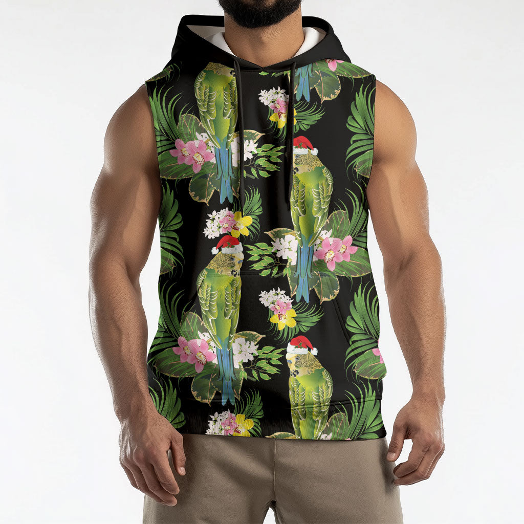 Aussie Santa Budgie Christmas Sleeveless Hoodie Black Parakeet Tropical Floral