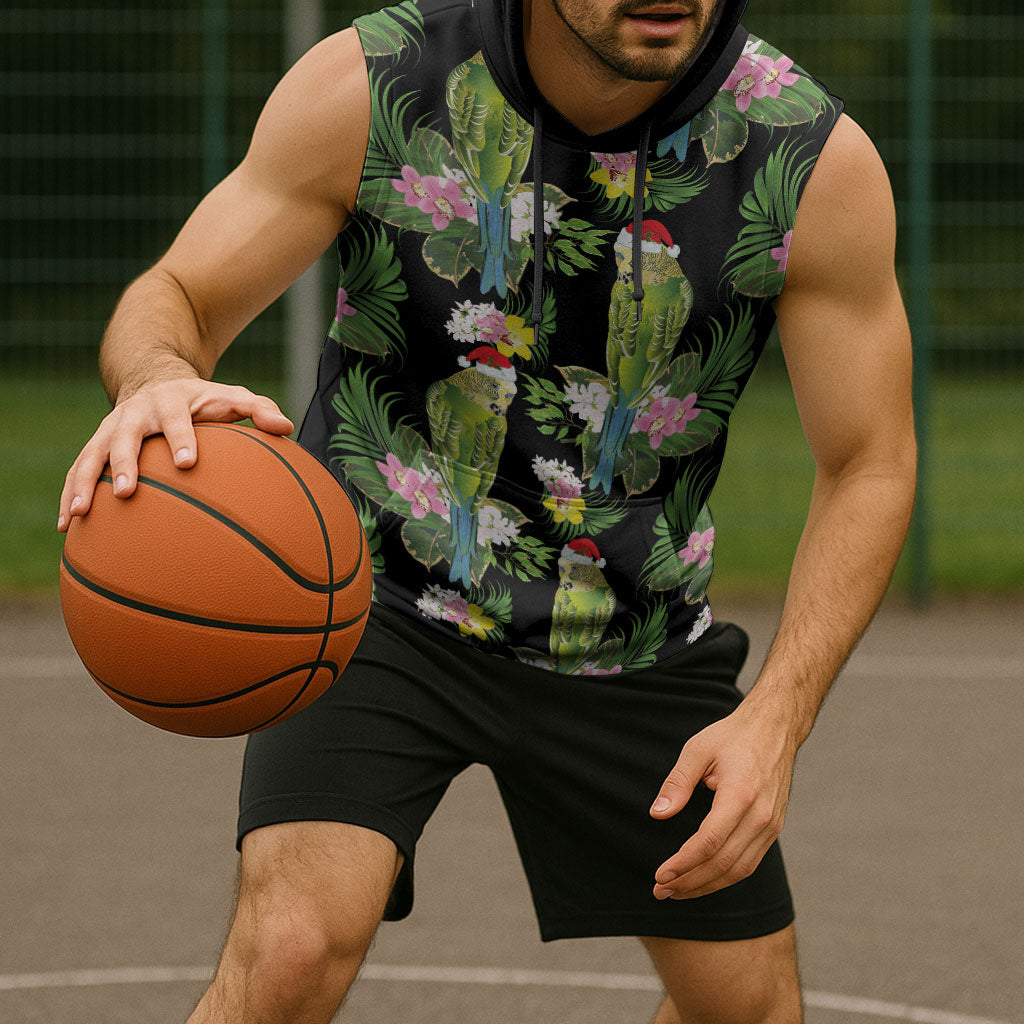 Aussie Santa Budgie Christmas Sleeveless Hoodie Black Parakeet Tropical Floral