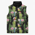 Aussie Santa Budgie Christmas Sleeveless Puffer Jacket Black Parakeet Tropical Floral