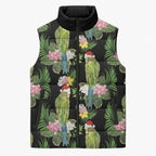 Aussie Santa Budgie Christmas Sleeveless Puffer Jacket Black Parakeet Tropical Floral