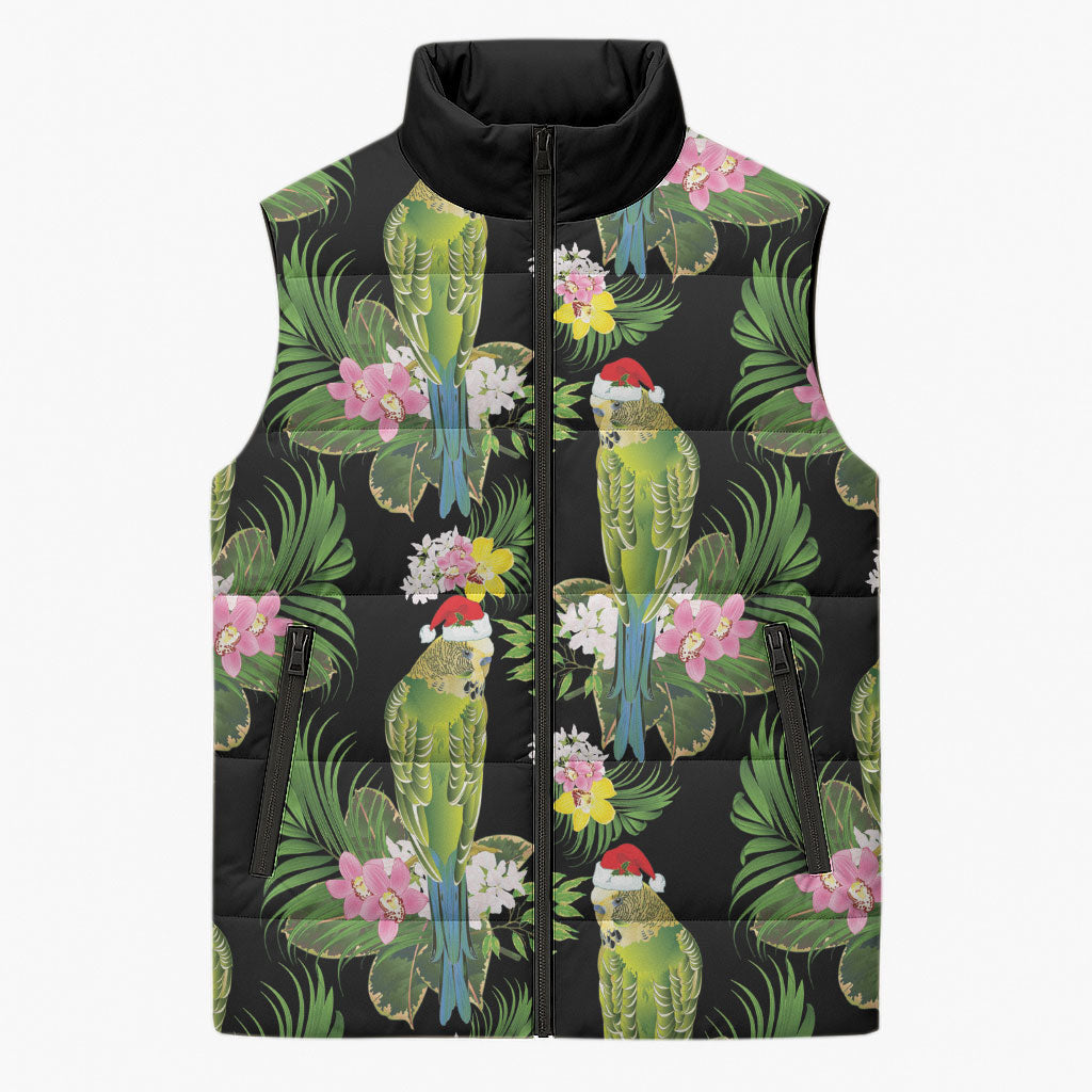Aussie Santa Budgie Christmas Sleeveless Puffer Jacket Black Parakeet Tropical Floral