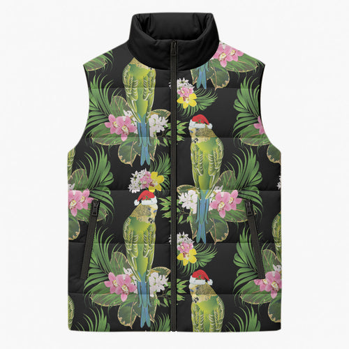 Aussie Santa Budgie Christmas Sleeveless Puffer Jacket Black Parakeet Tropical Floral