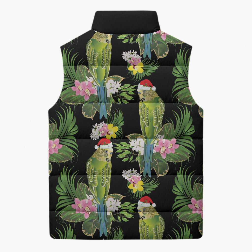 Aussie Santa Budgie Christmas Sleeveless Puffer Jacket Black Parakeet Tropical Floral