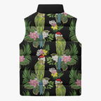 Aussie Santa Budgie Christmas Sleeveless Puffer Jacket Black Parakeet Tropical Floral