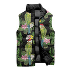 Aussie Santa Budgie Christmas Sleeveless Puffer Jacket Black Parakeet Tropical Floral