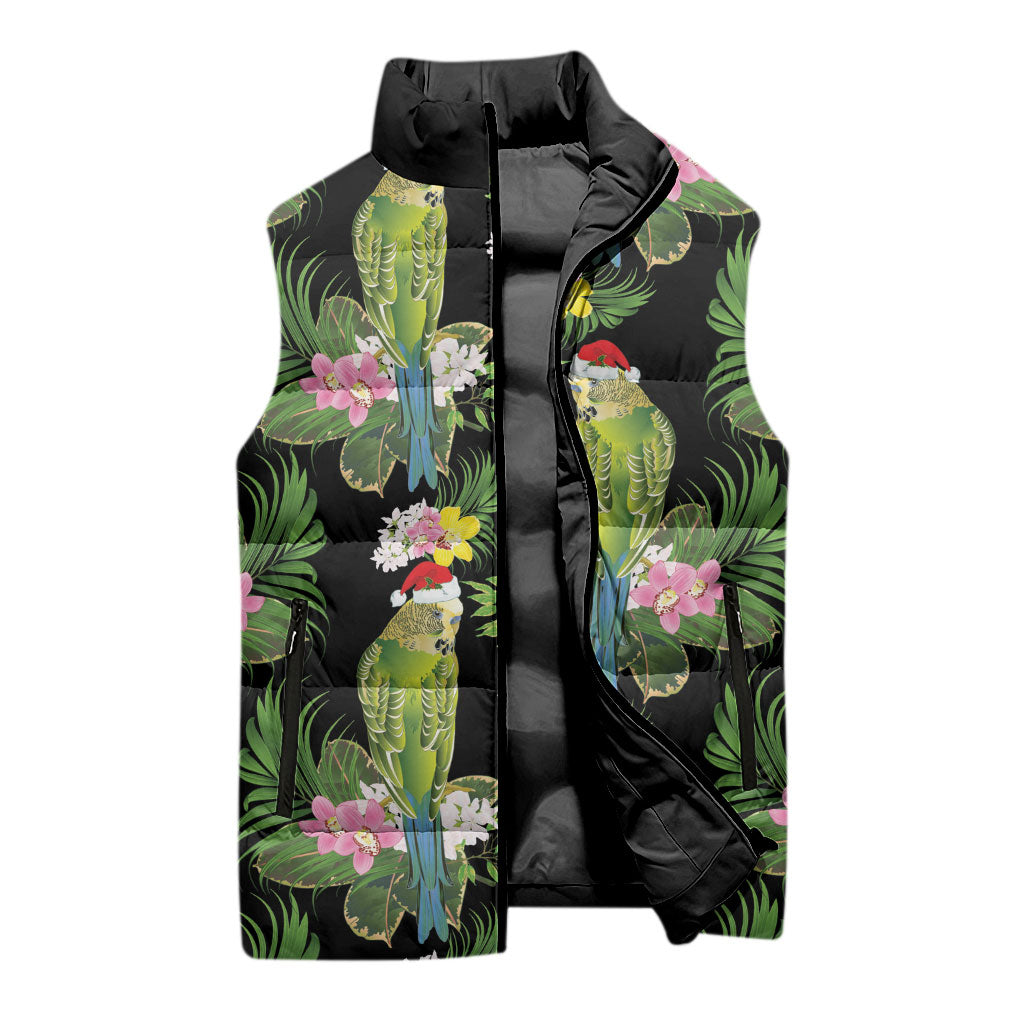 Aussie Santa Budgie Christmas Sleeveless Puffer Jacket Black Parakeet Tropical Floral