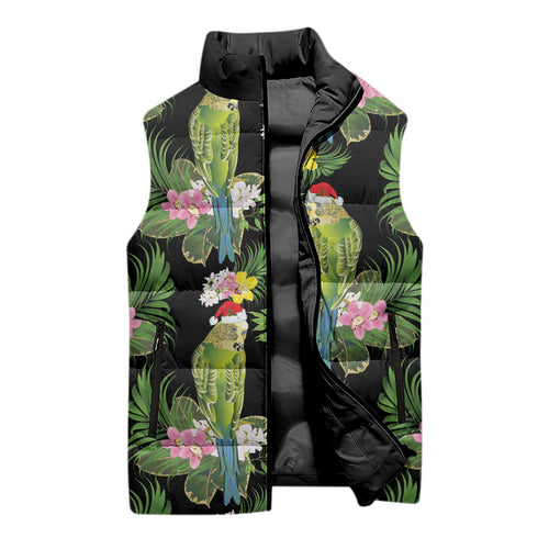 Aussie Santa Budgie Christmas Sleeveless Puffer Jacket Black Parakeet Tropical Floral