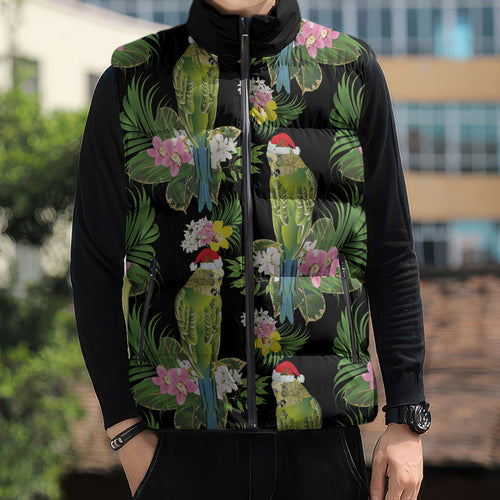 Aussie Santa Budgie Christmas Sleeveless Puffer Jacket Black Parakeet Tropical Floral
