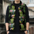 Aussie Santa Budgie Christmas Sleeveless Puffer Jacket Black Parakeet Tropical Floral
