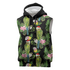 Aussie Santa Budgie Christmas Sleeveless Zip Hoodie Black Parakeet Tropical Floral