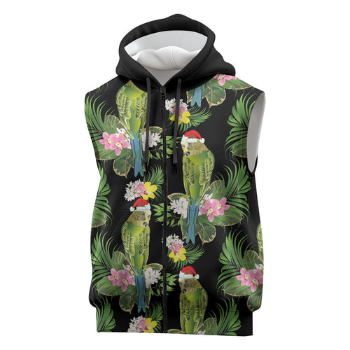 Aussie Santa Budgie Christmas Sleeveless Zip Hoodie Black Parakeet Tropical Floral