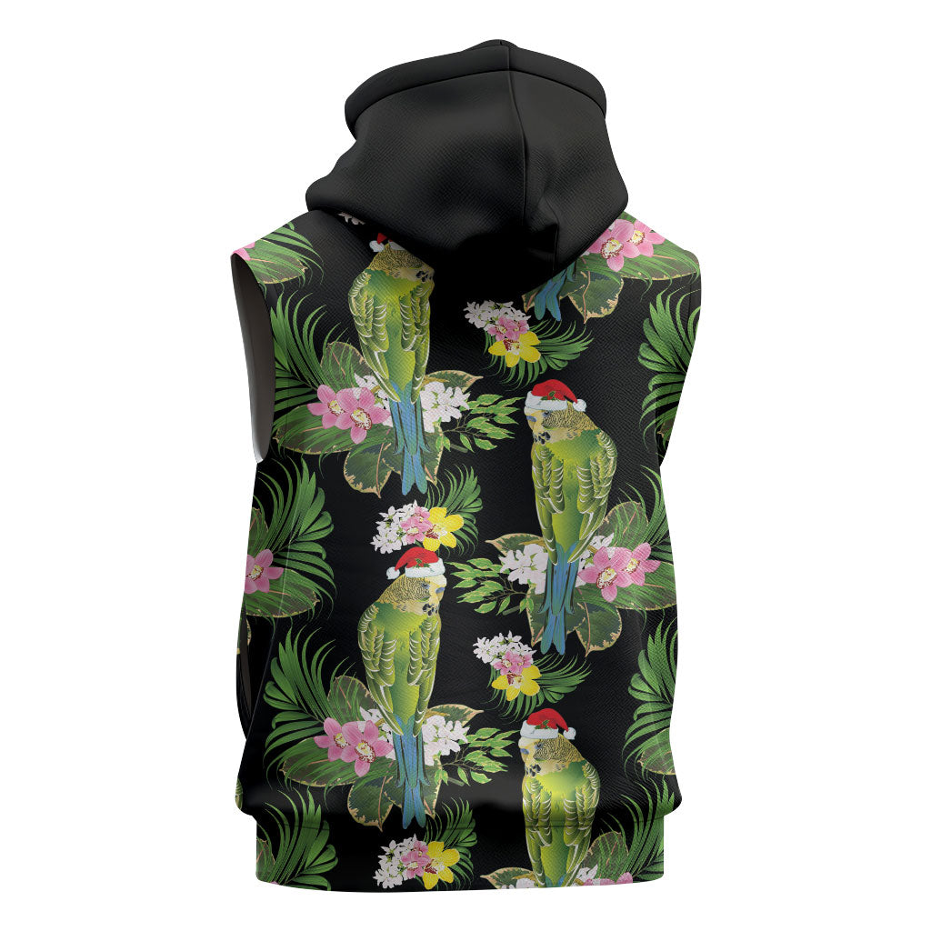 Aussie Santa Budgie Christmas Sleeveless Zip Hoodie Black Parakeet Tropical Floral