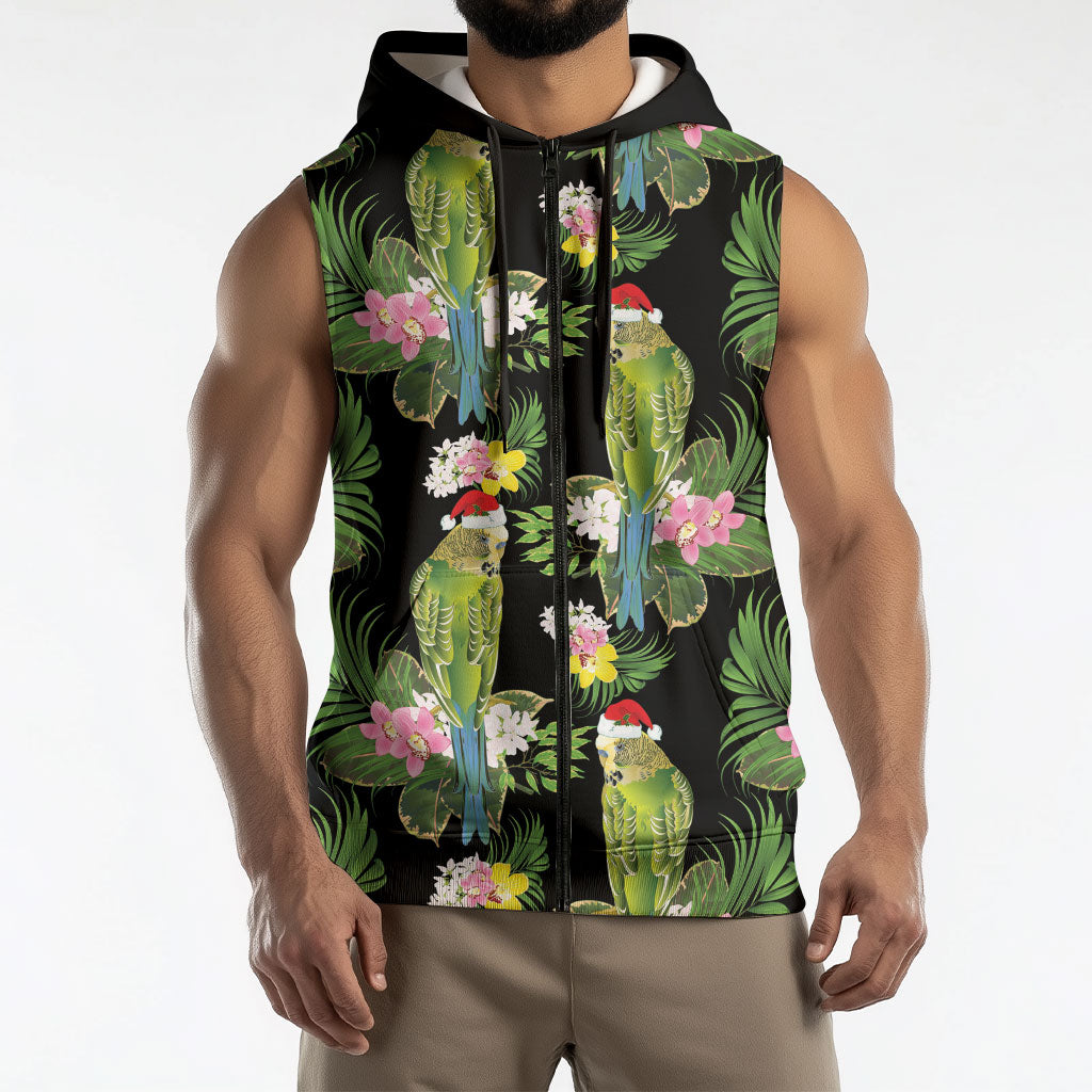 Aussie Santa Budgie Christmas Sleeveless Zip Hoodie Black Parakeet Tropical Floral