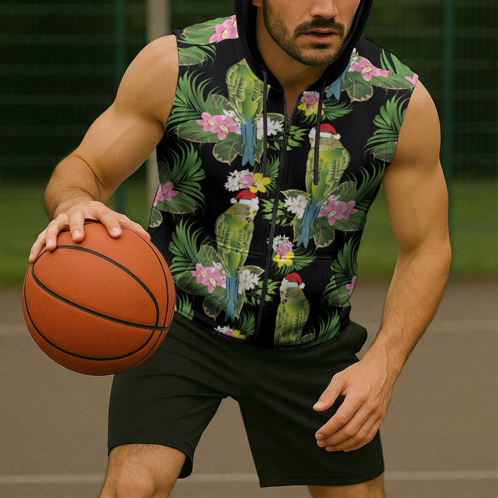 Aussie Santa Budgie Christmas Sleeveless Zip Hoodie Black Parakeet Tropical Floral