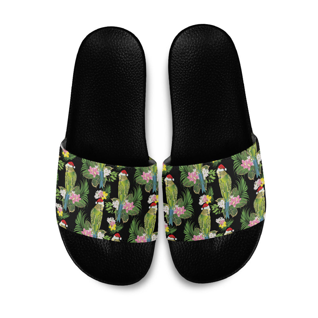Aussie Santa Budgie Christmas Slide Sandals Black Parakeet Tropical Floral